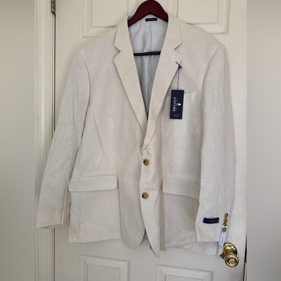 NWT Stafford Men's Linen Sports Blazer 52 Reg Classic Fit Beige 2 Button Blazer - Picture 1 of 8